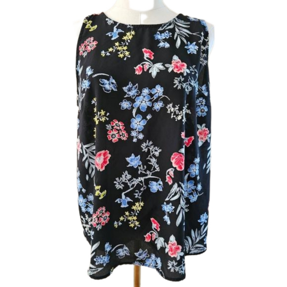 Jasmine & Juliana Black Floral Rear Buttondown Sleeveless Blouse-Size Large